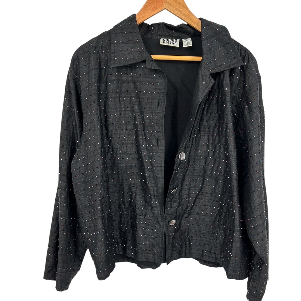 Chicos Design Silk Beaded Jacket Shirt Black Multi Color‎ Size 3 Large XL